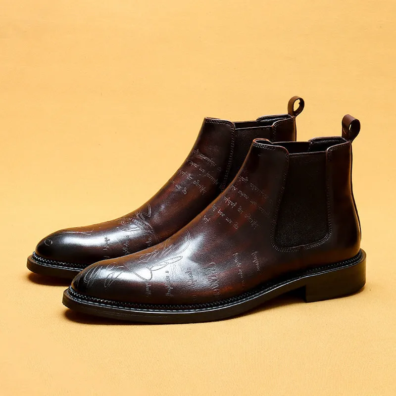 Top Layer Cowhide Men's Leather Shoes Chelsea Boots Men's Genuine Leather England Style Ankle Boots Pointed Carved Business Formal Wear High-Top Martin Boots89613