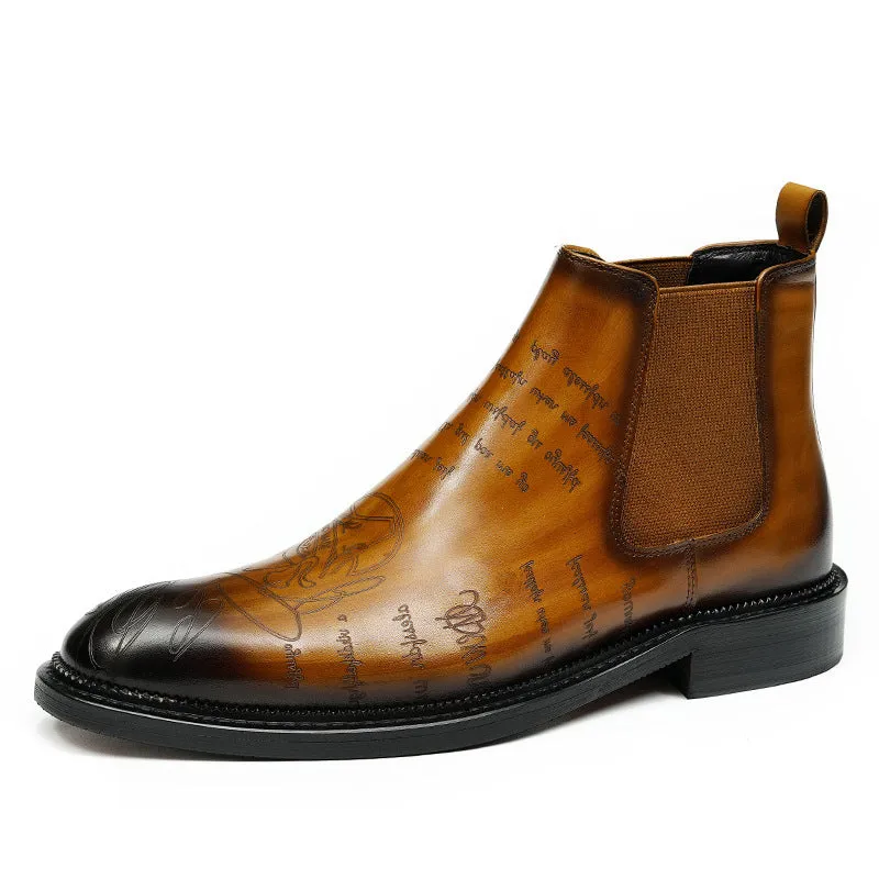 Top Layer Cowhide Men's Leather Shoes Chelsea Boots Men's Genuine Leather England Style Ankle Boots Pointed Carved Business Formal Wear High-Top Martin Boots89613