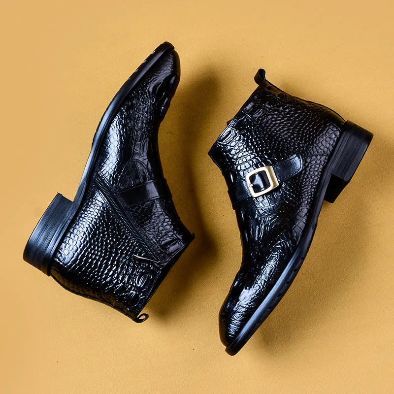 Top Layer Cowhide Men's Leather Shoes Fall Winter Martin Boots Men's Genuine Leather Crocodile Pattern High-Top British Top Layer Cowhide Zipper Leather Boots78081