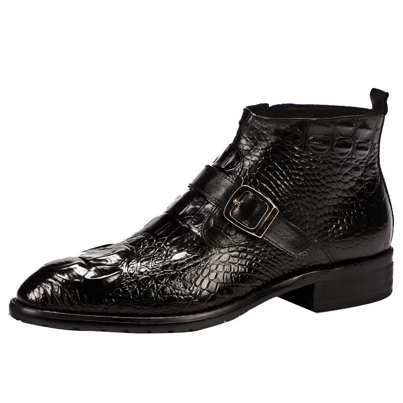 Top Layer Cowhide Men's Leather Shoes Fall Winter Martin Boots Men's Genuine Leather Crocodile Pattern High-Top British Top Layer Cowhide Zipper Leather Boots78081