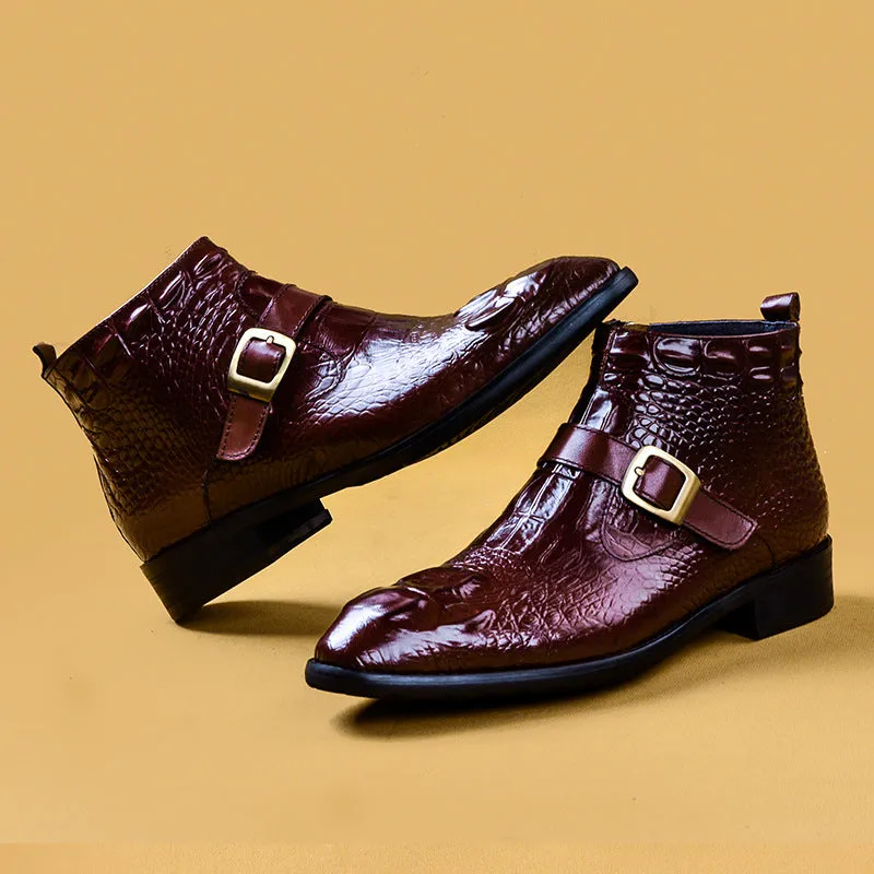 Top Layer Cowhide Men's Leather Shoes Fall Winter Martin Boots Men's Genuine Leather Crocodile Pattern High-Top British Top Layer Cowhide Zipper Leather Boots78081