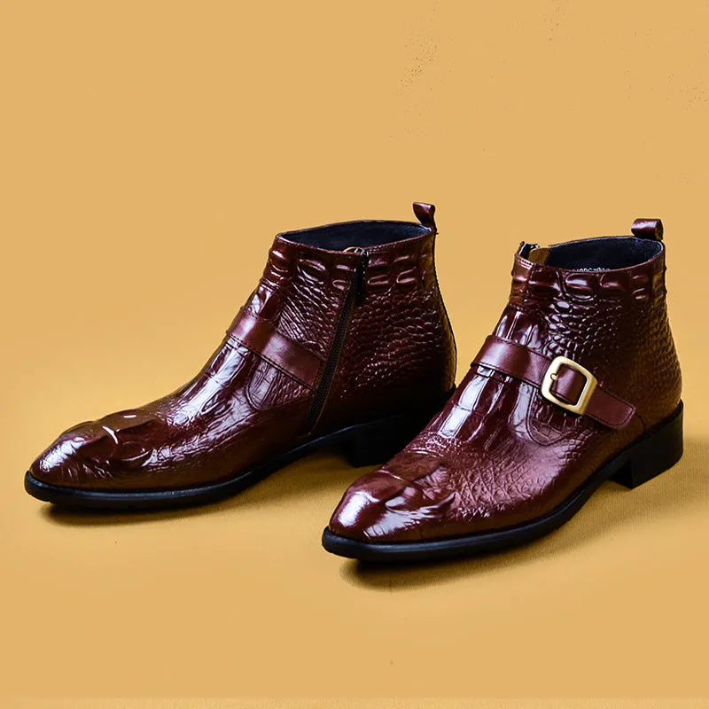 Top Layer Cowhide Men's Leather Shoes Fall Winter Martin Boots Men's Genuine Leather Crocodile Pattern High-Top British Top Layer Cowhide Zipper Leather Boots78081