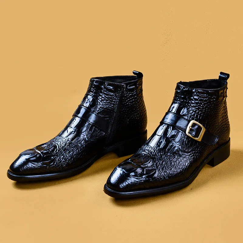 Top Layer Cowhide Men's Leather Shoes Fall Winter Martin Boots Men's Genuine Leather Crocodile Pattern High-Top British Top Layer Cowhide Zipper Leather Boots78081