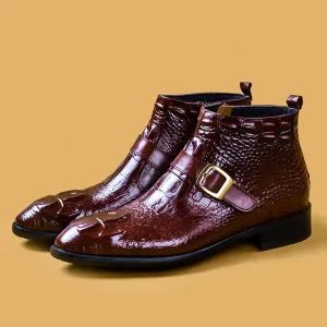 Top Layer Cowhide Men's Leather Shoes Fall Winter Martin Boots Men's Genuine Leather Crocodile Pattern High-Top British Top Layer Cowhide Zipper Leather Boots78081