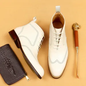 Top Layer Cowhide Men's Leather Shoes Fall Winter Martin Boots Men's High Top British Style Carved Genuine Leather Brogue White Men's Boots96157