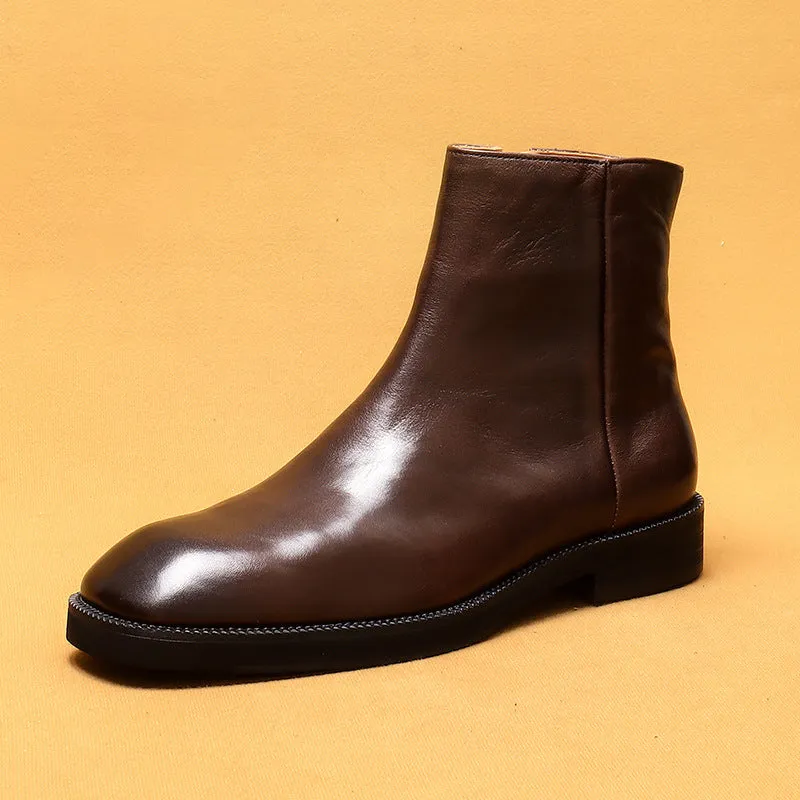 Top Layer Cowhide Men's Leather Shoes Martin Boots Genuine Leather England Style Vintage Knight Boots Square Toe Zip Cowhide96122