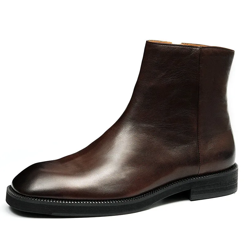 Top Layer Cowhide Men's Leather Shoes Martin Boots Genuine Leather England Style Vintage Knight Boots Square Toe Zip Cowhide96122
