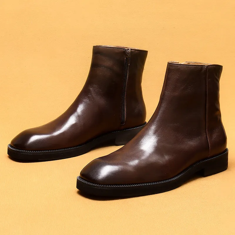 Top Layer Cowhide Men's Leather Shoes Martin Boots Genuine Leather England Style Vintage Knight Boots Square Toe Zip Cowhide96122