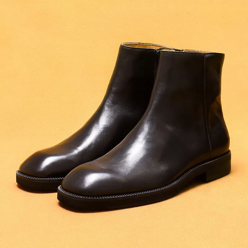 Top Layer Cowhide Men's Leather Shoes Martin Boots Genuine Leather England Style Vintage Knight Boots Square Toe Zip Cowhide96122