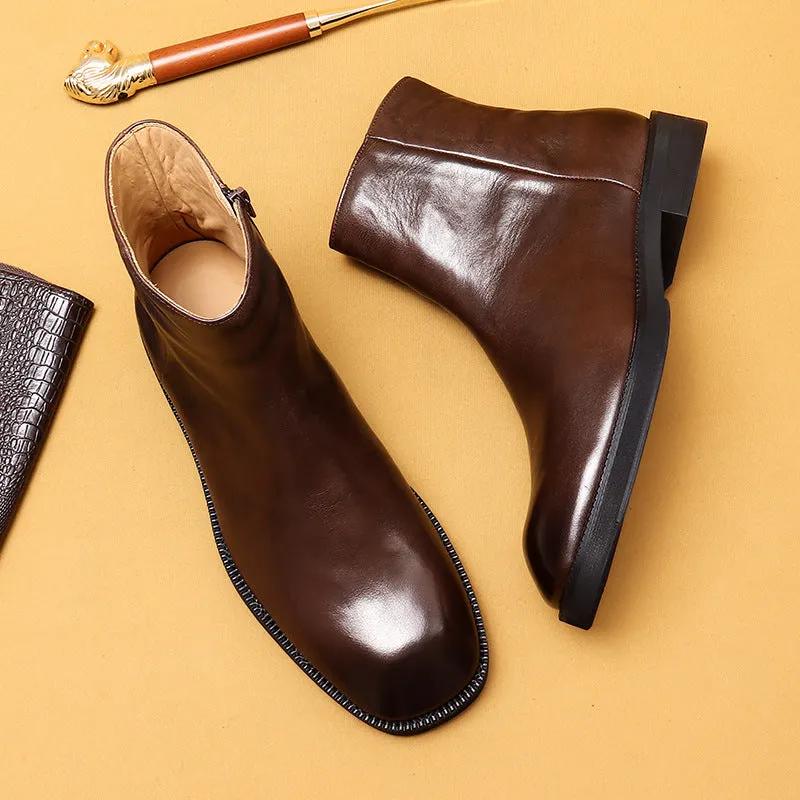 Top Layer Cowhide Men's Leather Shoes Martin Boots Genuine Leather England Style Vintage Knight Boots Square Toe Zip Cowhide96122
