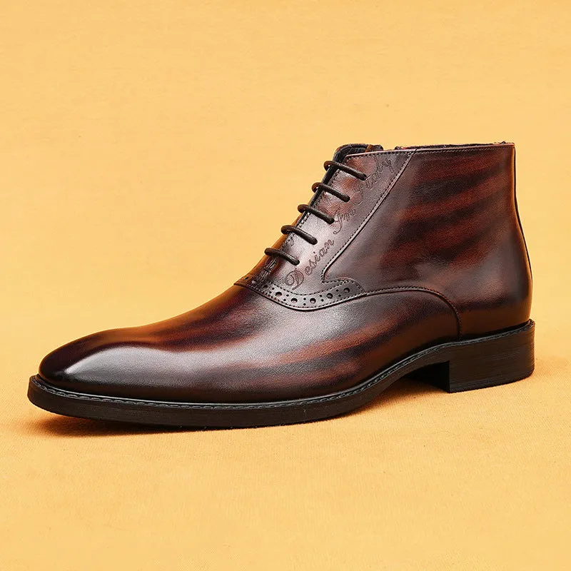 Top Layer Cowhide Men's Leather Shoes Men's Boots Martin Boots Genuine Leather England Style Carved Zipper Business Formal Wear Ankle Boots89616