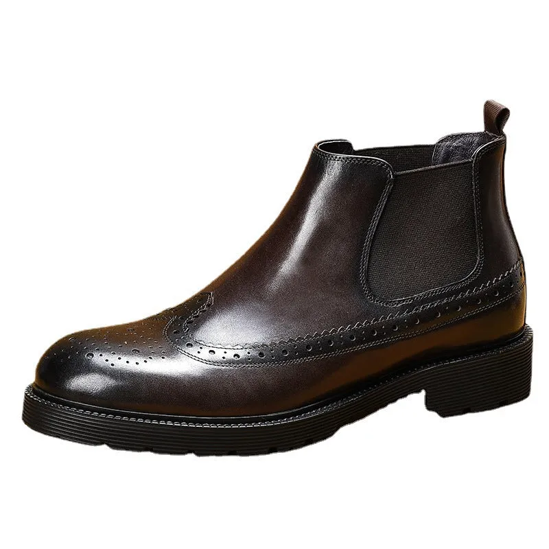 Top Layer Cowhide Men's Leather Shoes Winter Men's Boots Martin Boots Genuine Leather Business Casual Chelsea Boots British Style Carving Leather Boots21015