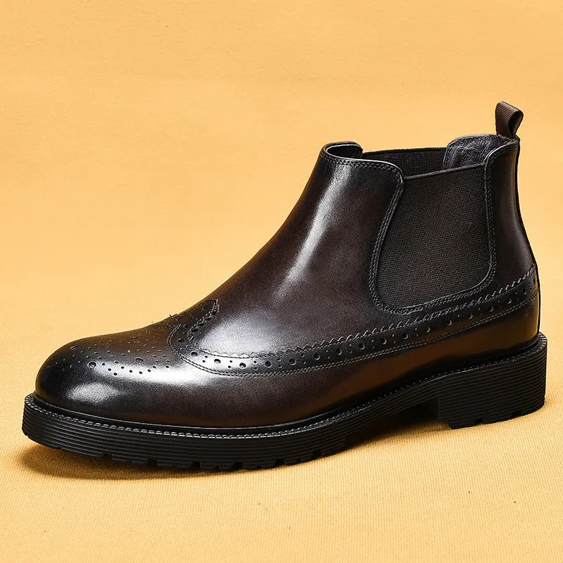 Top Layer Cowhide Men's Leather Shoes Winter Men's Boots Martin Boots Genuine Leather Business Casual Chelsea Boots British Style Carving Leather Boots21015