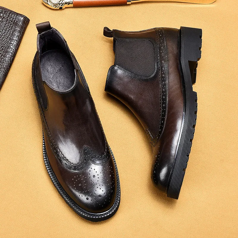 Top Layer Cowhide Men's Leather Shoes Winter Men's Boots Martin Boots Genuine Leather Business Casual Chelsea Boots British Style Carving Leather Boots21015