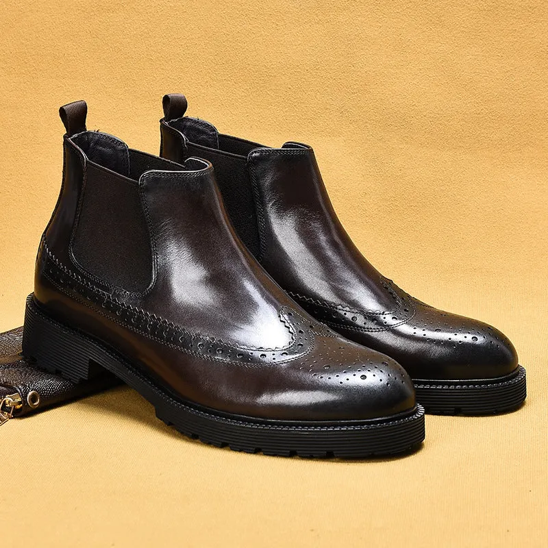 Top Layer Cowhide Men's Leather Shoes Winter Men's Boots Martin Boots Genuine Leather Business Casual Chelsea Boots British Style Carving Leather Boots21015