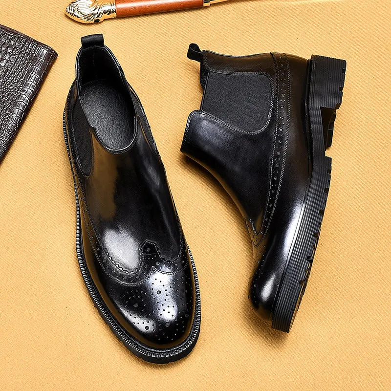 Top Layer Cowhide Men's Leather Shoes Winter Men's Boots Martin Boots Genuine Leather Business Casual Chelsea Boots British Style Carving Leather Boots21015