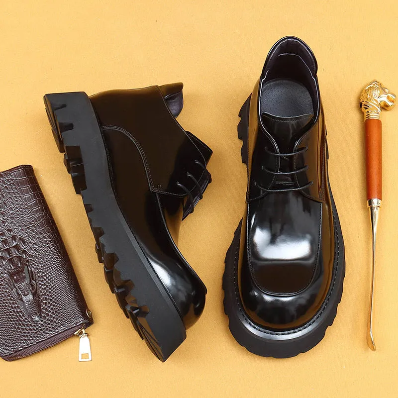Top Layer Cowhide Men's Leather Shoes Winter Patent Leather Glossy Martin Boots Men's British Thick Bottom Business Casual Leather Wide Toe Men's Boots23689