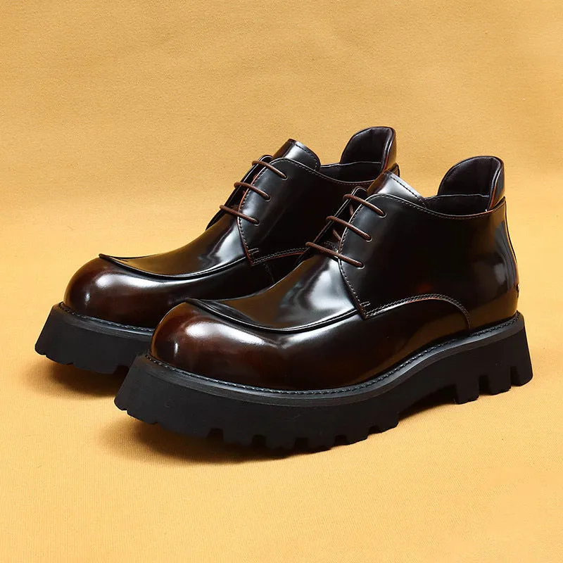 Top Layer Cowhide Men's Leather Shoes Winter Patent Leather Glossy Martin Boots Men's British Thick Bottom Business Casual Leather Wide Toe Men's Boots23689