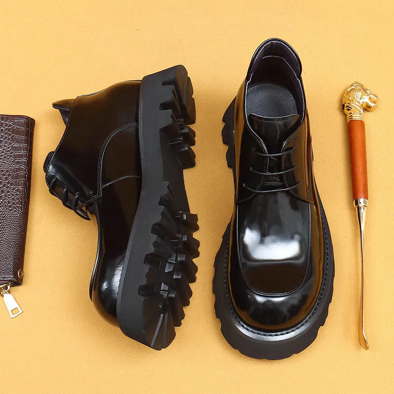 Top Layer Cowhide Men's Leather Shoes Winter Patent Leather Glossy Martin Boots Men's British Thick Bottom Business Casual Leather Wide Toe Men's Boots23689
