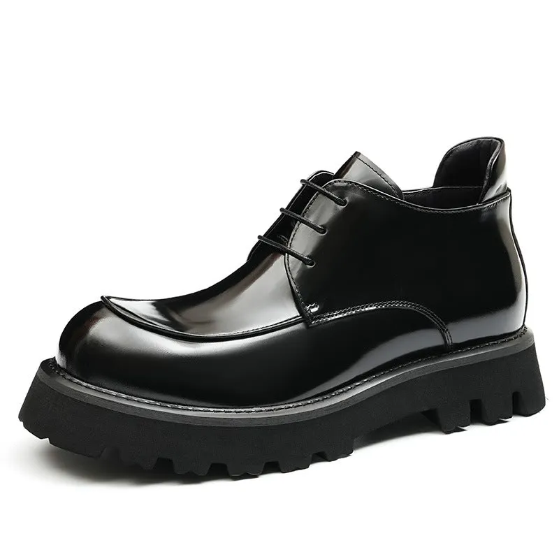 Top Layer Cowhide Men's Leather Shoes Winter Patent Leather Glossy Martin Boots Men's British Thick Bottom Business Casual Leather Wide Toe Men's Boots23689