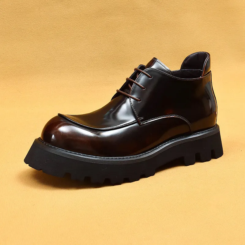 Top Layer Cowhide Men's Leather Shoes Winter Patent Leather Glossy Martin Boots Men's British Thick Bottom Business Casual Leather Wide Toe Men's Boots23689