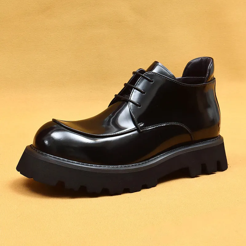 Top Layer Cowhide Men's Leather Shoes Winter Patent Leather Glossy Martin Boots Men's British Thick Bottom Business Casual Leather Wide Toe Men's Boots23689