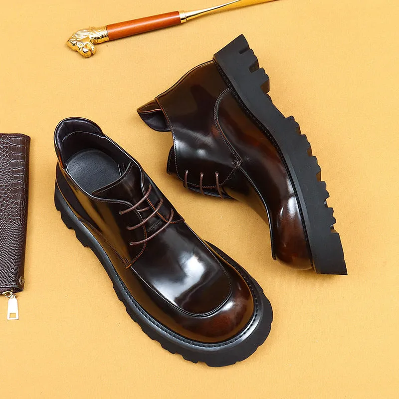 Top Layer Cowhide Men's Leather Shoes Winter Patent Leather Glossy Martin Boots Men's British Thick Bottom Business Casual Leather Wide Toe Men's Boots23689