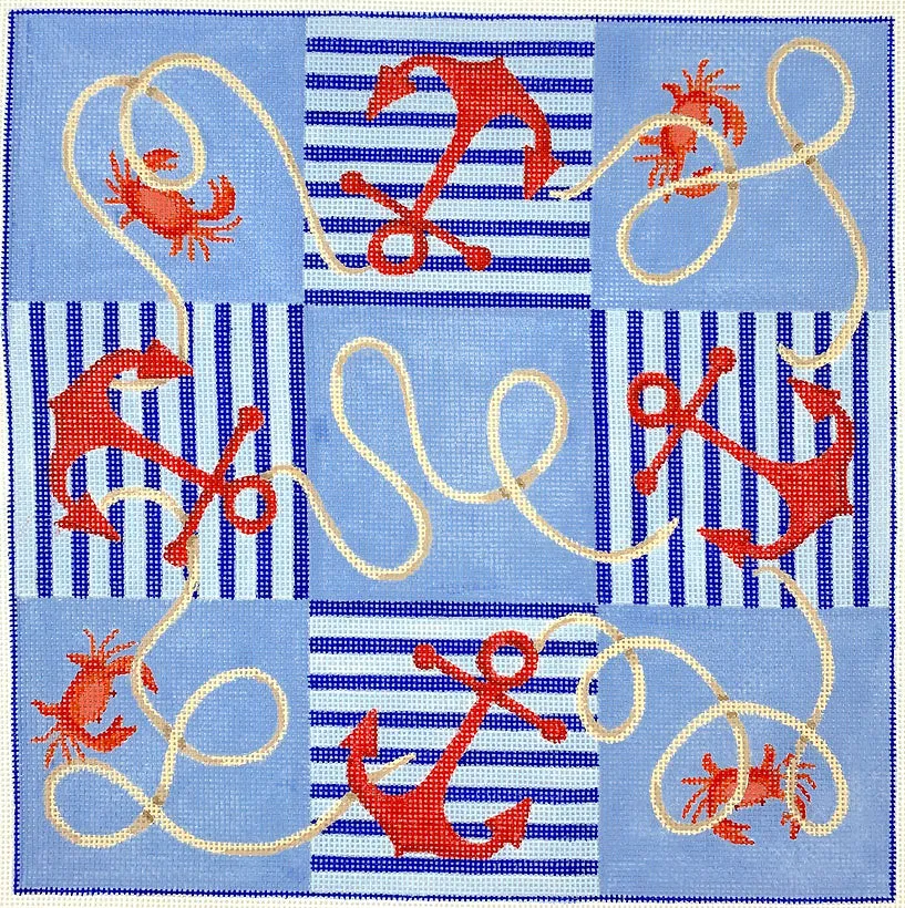 TTT-02 Tic Tac Toe Board – Nautical Anchors and Rope w/ Crabs – red, blues & tans