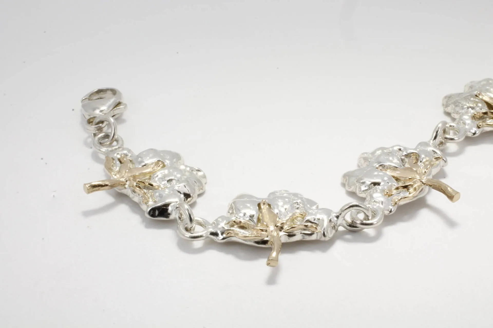 Two Tone 14kt. Gold and Sterling Silver Cotton Boll Link Bracelet