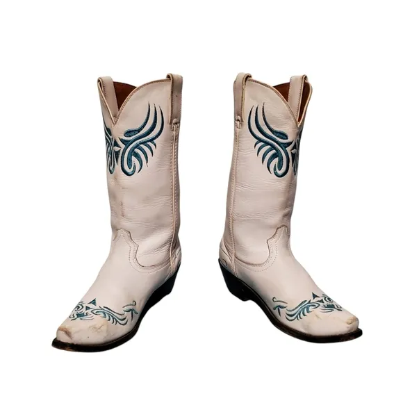 Vintage Santa Fe Stitched White Leather Cowboy Western Boots Women's Size 8.5M