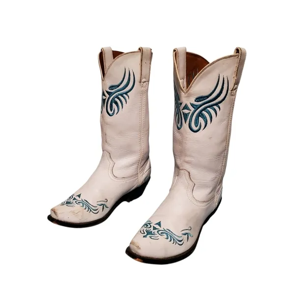 Vintage Santa Fe Stitched White Leather Cowboy Western Boots Women's Size 8.5M