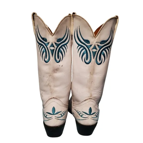 Vintage Santa Fe Stitched White Leather Cowboy Western Boots Women's Size 8.5M