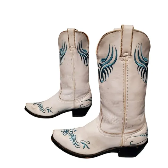 Vintage Santa Fe Stitched White Leather Cowboy Western Boots Women's Size 8.5M