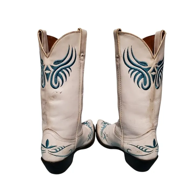 Vintage Santa Fe Stitched White Leather Cowboy Western Boots Women's Size 8.5M
