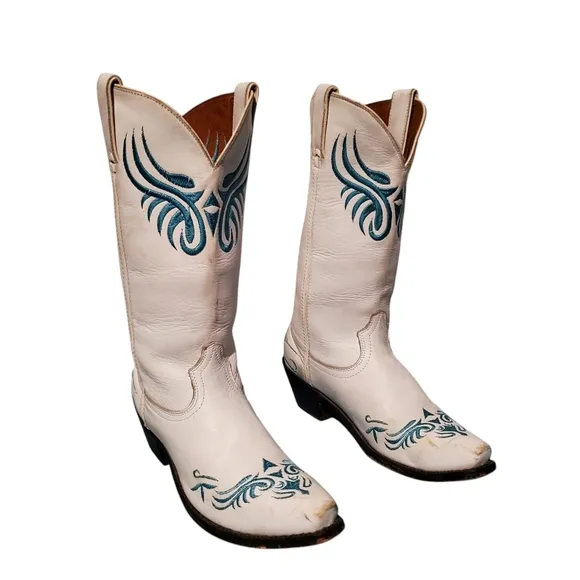 Vintage Santa Fe Stitched White Leather Cowboy Western Boots Women's Size 8.5M