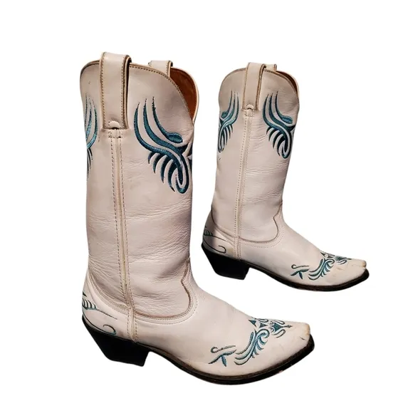 Vintage Santa Fe Stitched White Leather Cowboy Western Boots Women's Size 8.5M