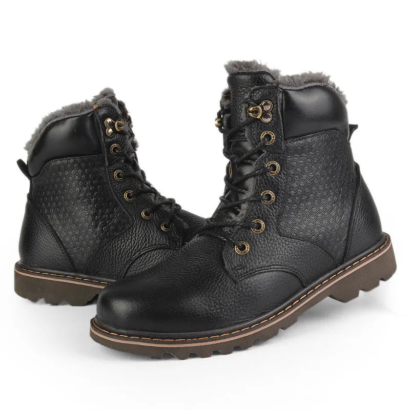 Winter Men's High-top Plus Fluffy Cotton Shoes Cowhide Plus Size To Keep Warm