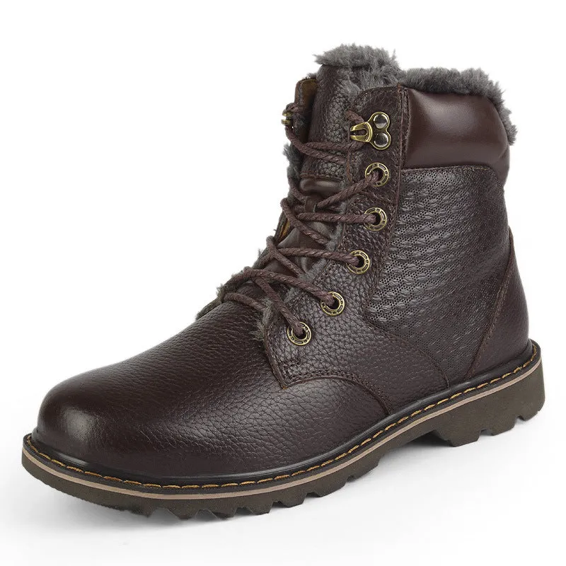 Winter Men's High-top Plus Fluffy Cotton Shoes Cowhide Plus Size To Keep Warm