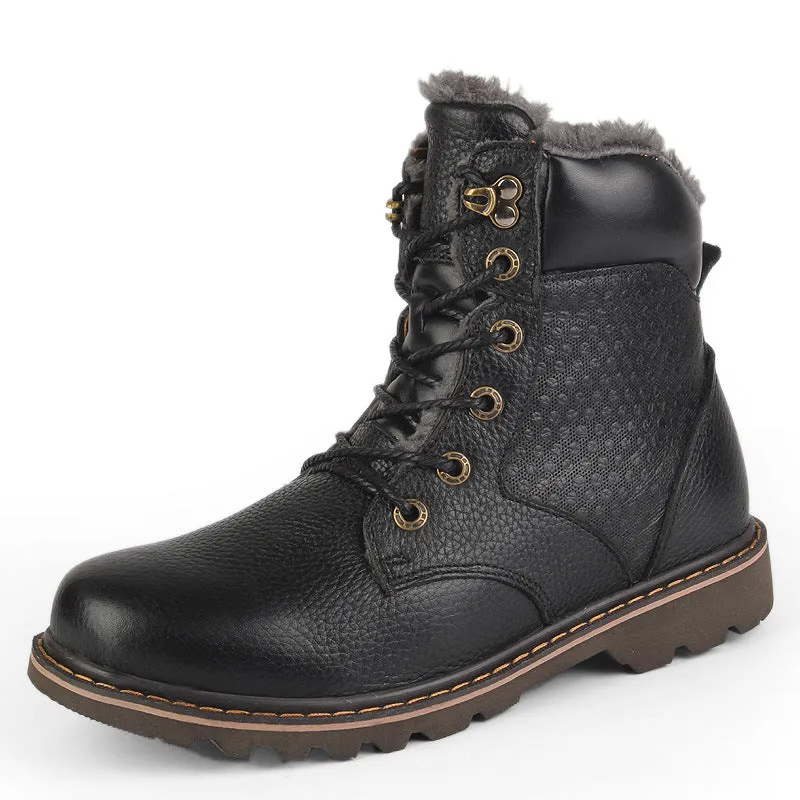 Winter Men's High-top Plus Fluffy Cotton Shoes Cowhide Plus Size To Keep Warm