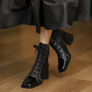 Women's New Square Toe Thick High-heeled British Style Martin Boots