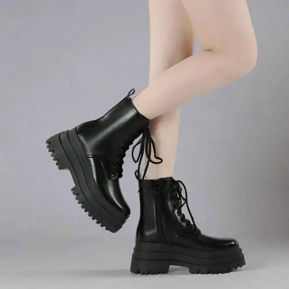 Y2K Mid-Calf Martin Boots with Rubber Outsole and Low Heel